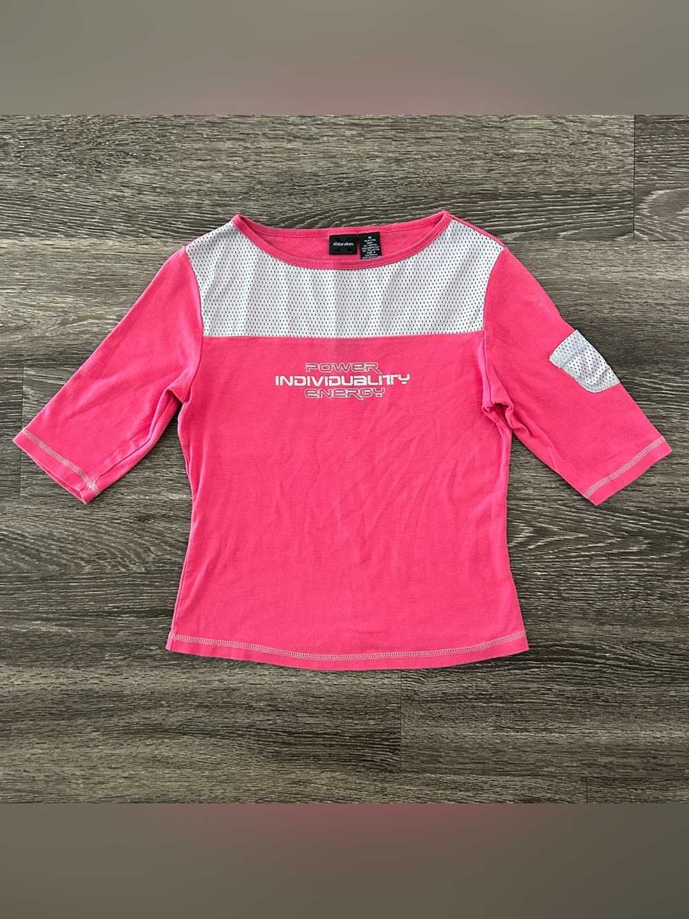 Vintage 90s Y2K Xhilaration Hot Pink Top Silver Glitter Grey Mesh 3/4 Sleeve M